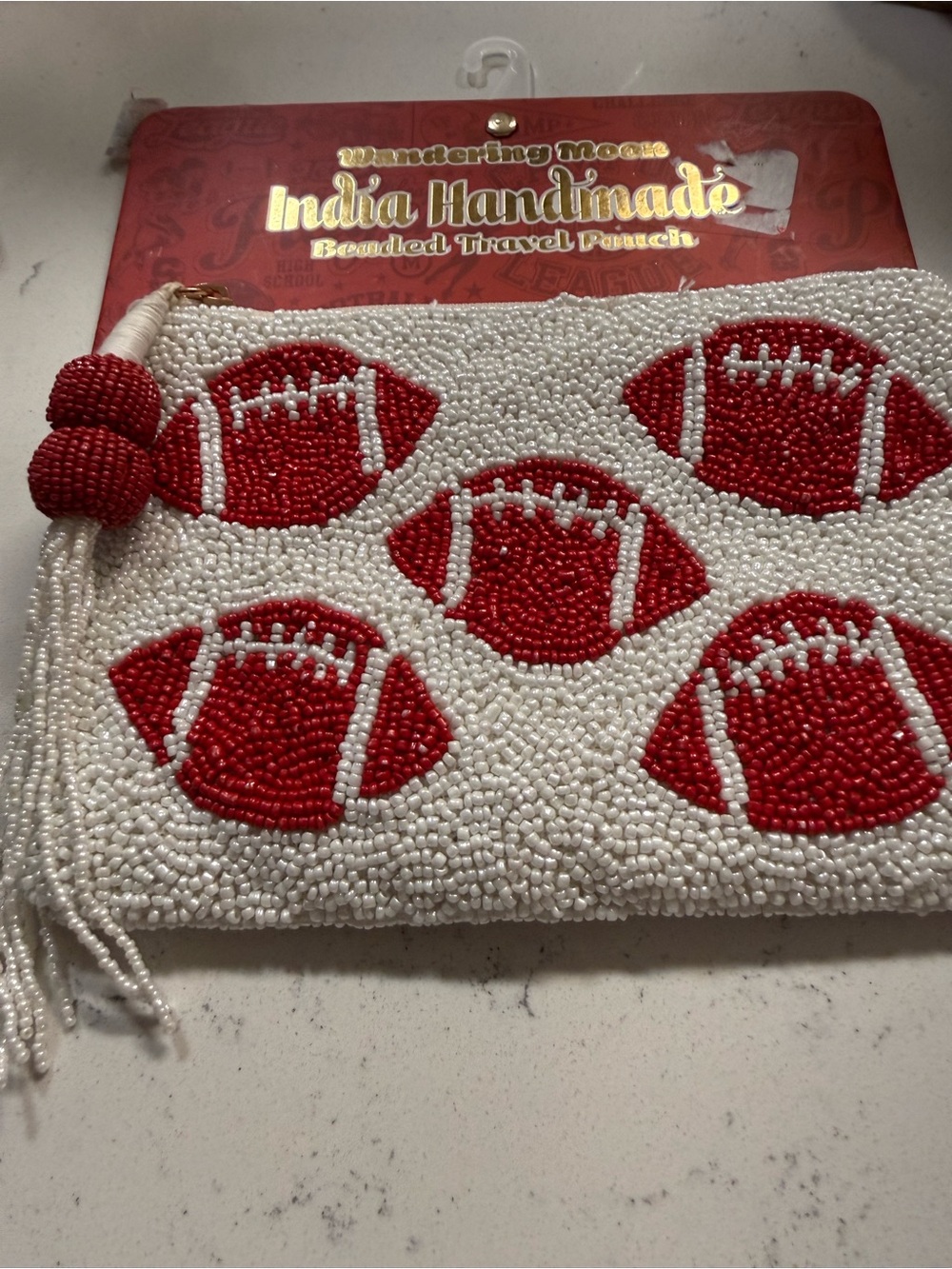 India Handmade White & Red Beaded Football Wristlet Pouch